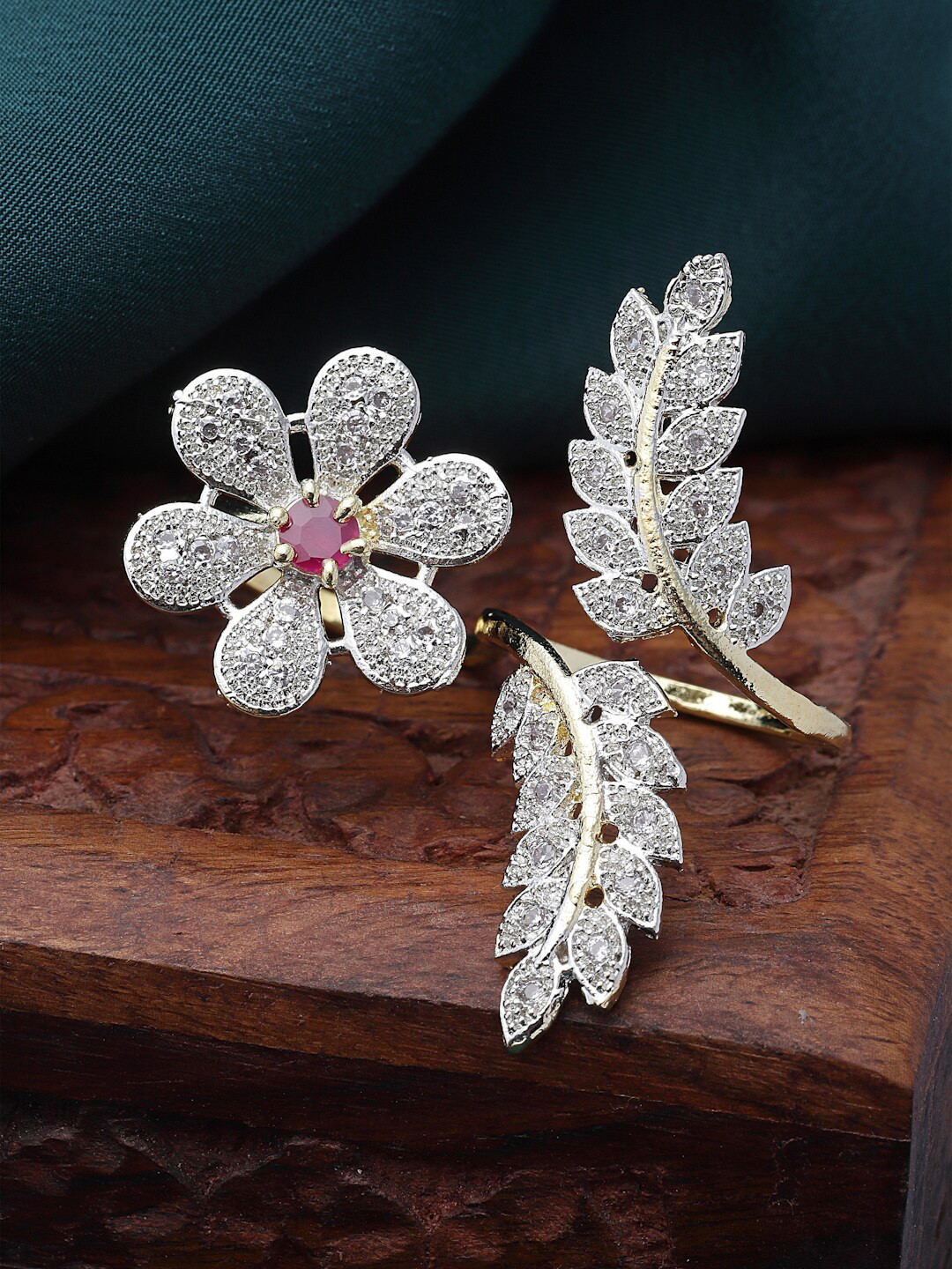 

ZENEME Gold-Plated American Diamond Studded Adjustable Finger Ring