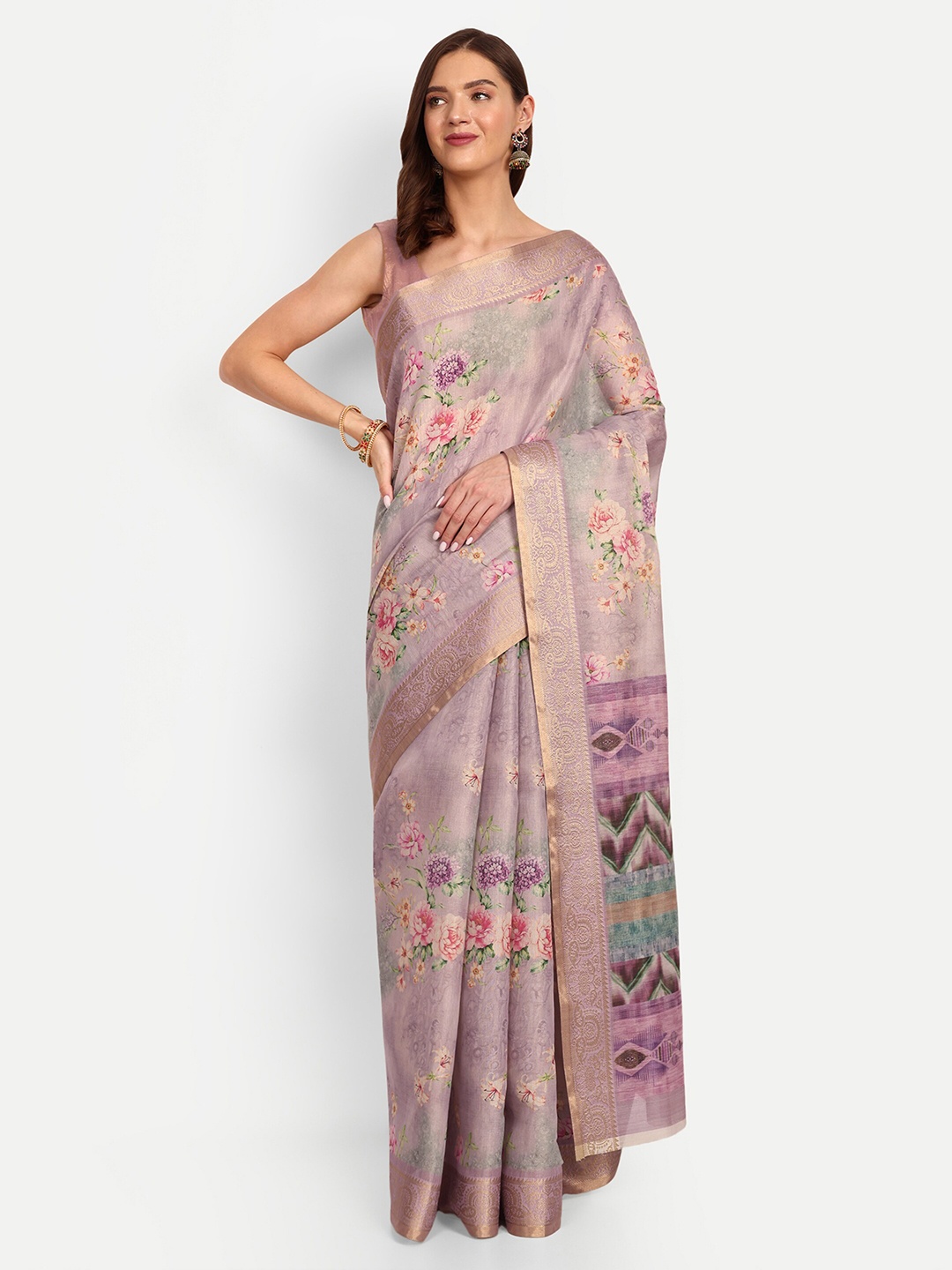 

DrapeMall Floral Zari Tissue Saree, Lavender