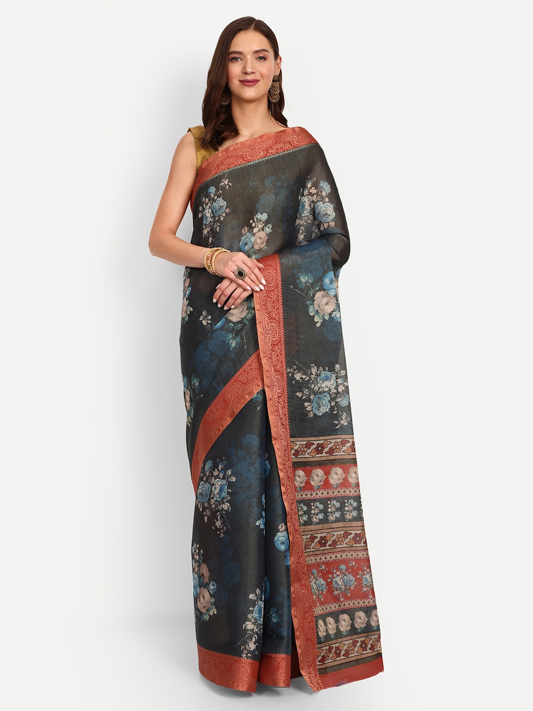 

DrapeMall Floral Printed Tissue Saree, Navy blue