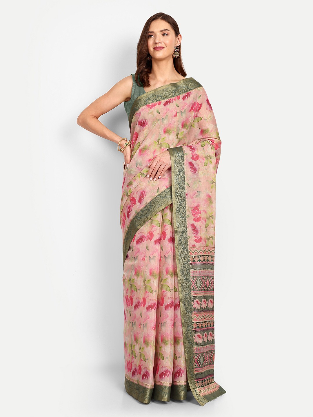 

DrapeMall Floral Zari Tissue Saree, Pink