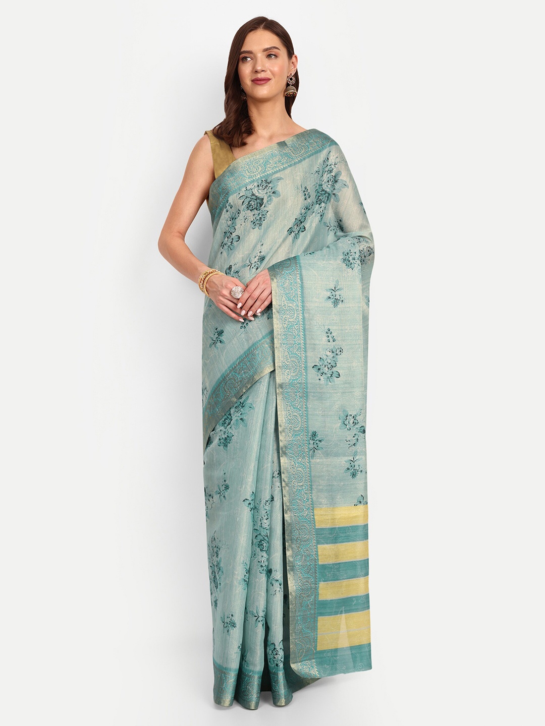 

DrapeMall Floral Printed Zari Tissue Saree, Sea green