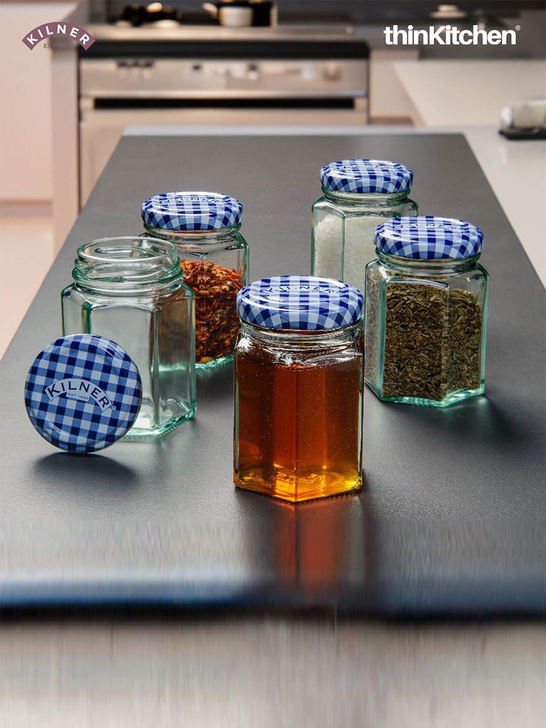 

KILNER Transparent 5 Pieces Glass Hexagonal Twist Top Glass Jar set