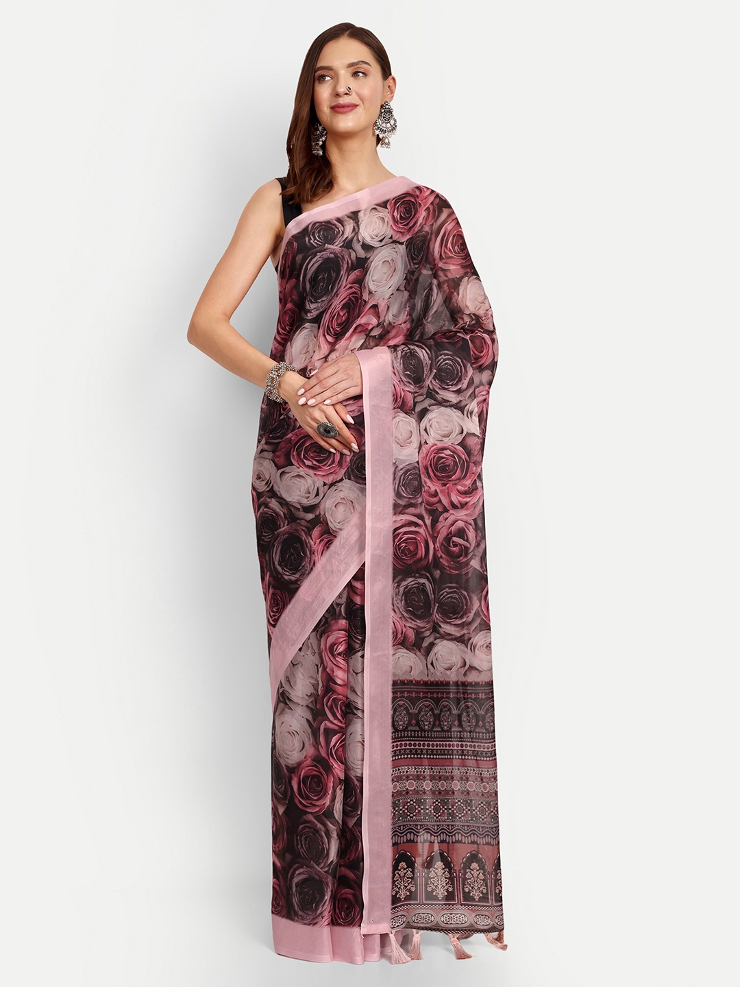 

DrapeMall Floral Printed Zari Organza Saree, Pink
