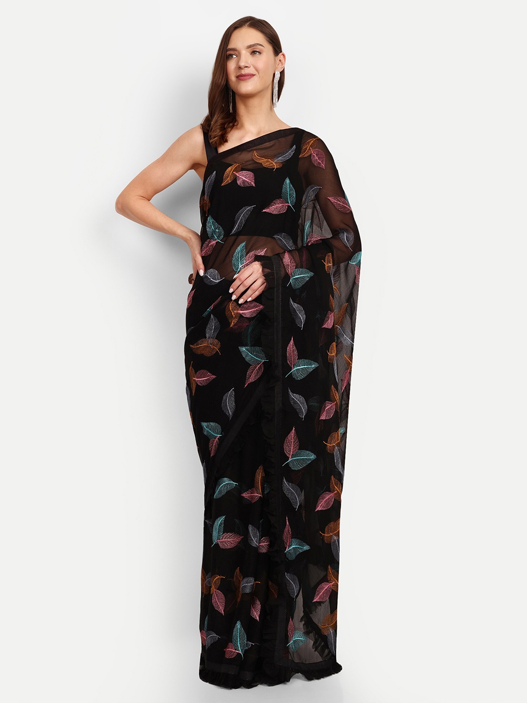 

DrapeMall Floral Embroidered Poly Chiffon Saree, Black