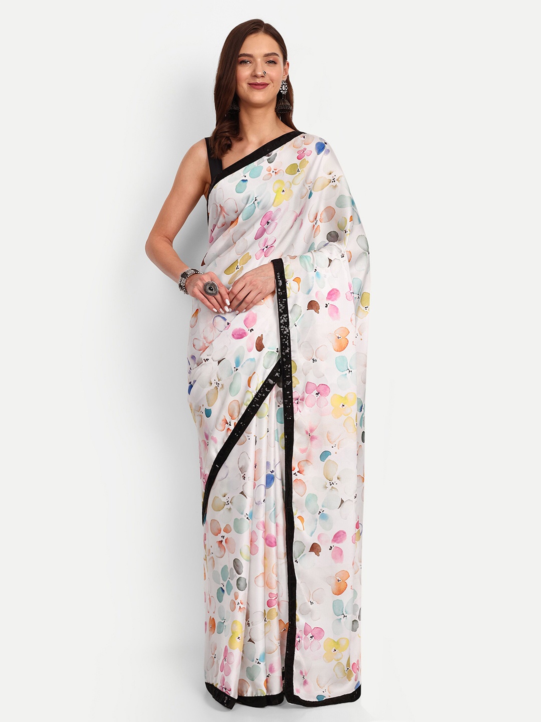 

DrapeMall Printed Sequined Satin Saree, White