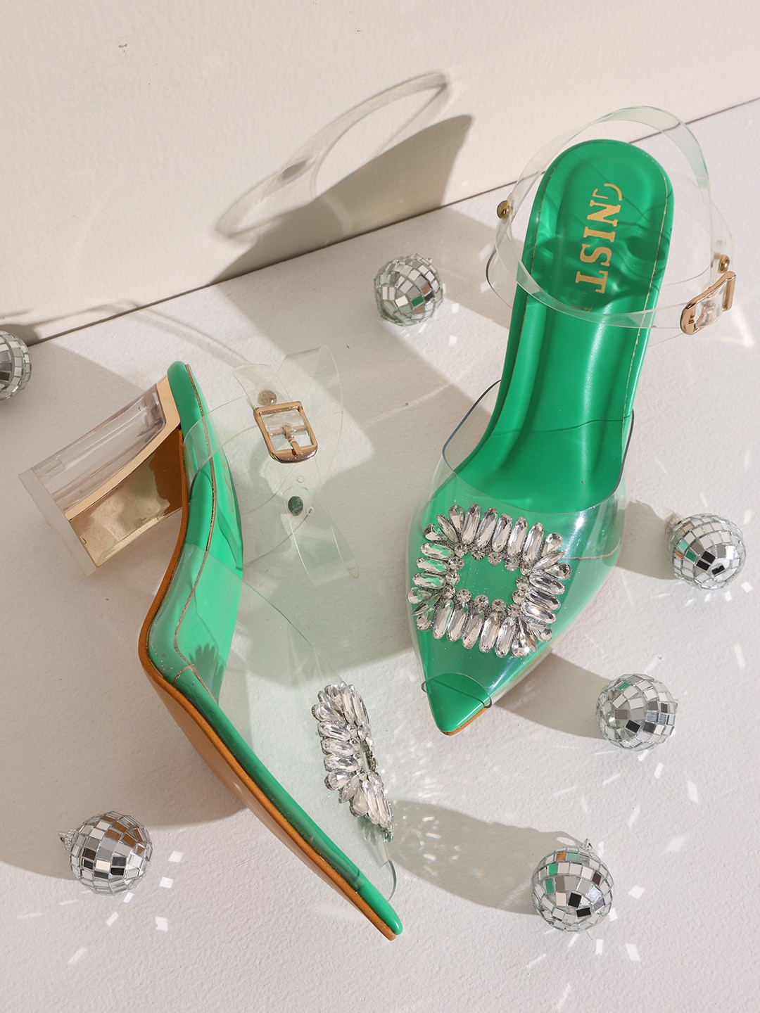 

GNIST Embellished Peep Toes Block Heels, Green