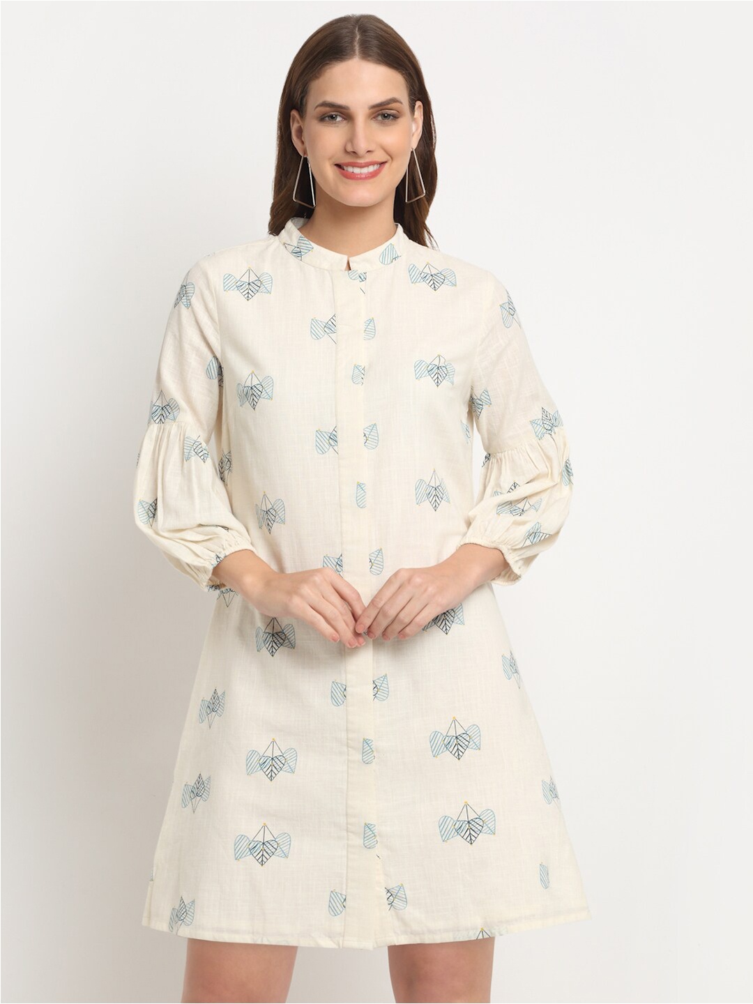 

FAABRIQ Floral Printed Pure Cotton Shirt Dress, Off white