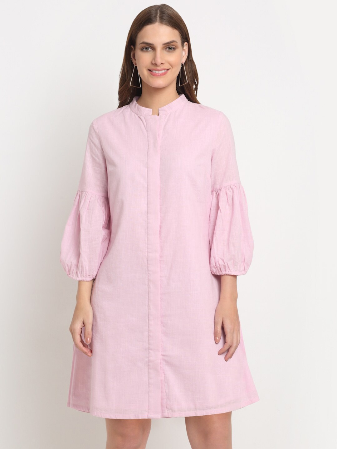 

FAABRIQ Mandarin Collar Puff Sleeves Pure Cotton Shirt Dress, Pink
