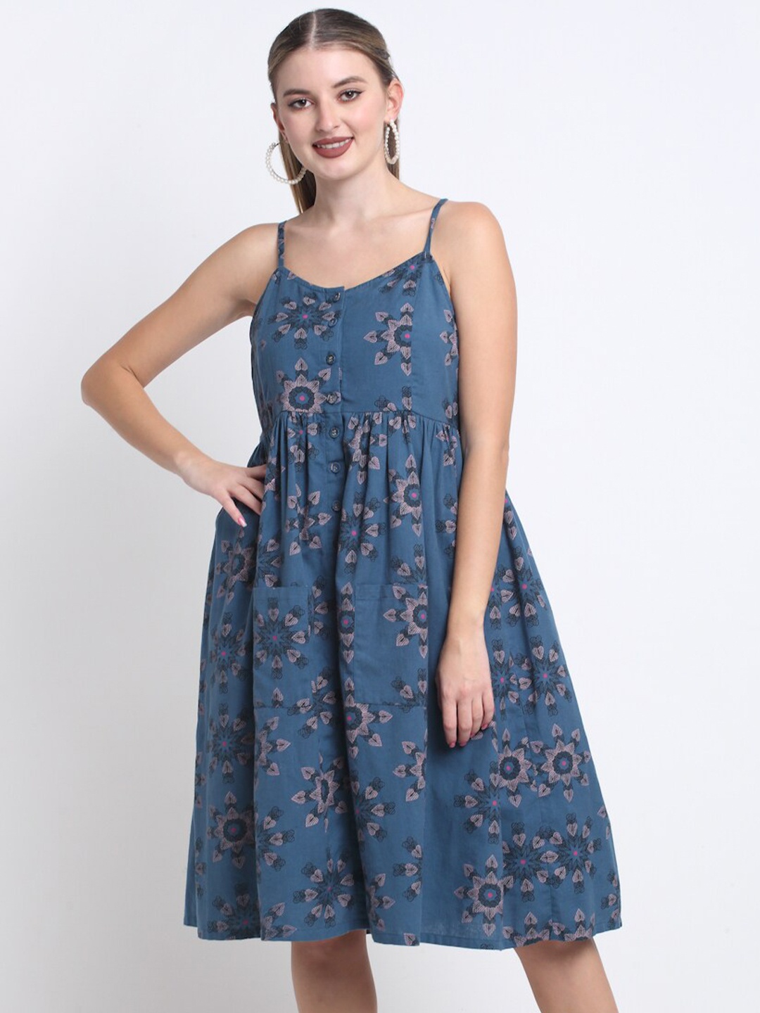 

FAABRIQ Floral Printed Shoulder Straps Gathered Detail Pure Cotton Fit & Flare Dress, Teal