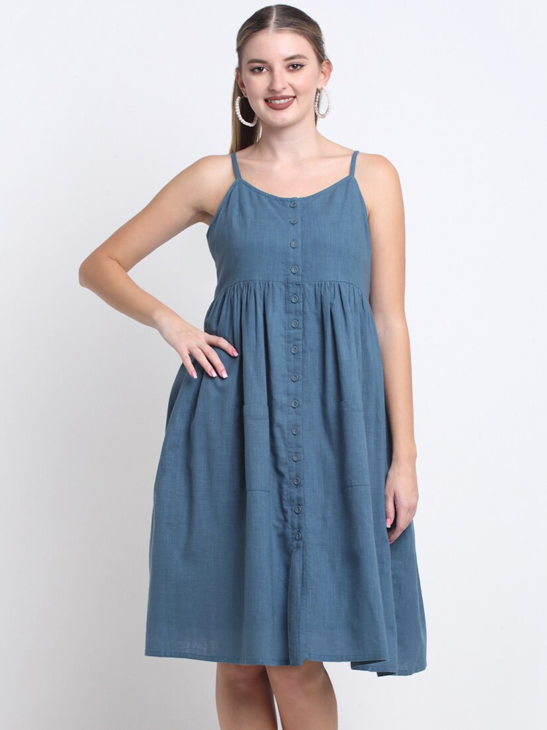 

FAABRIQ Shoulder Straps Gathered Detail Pure Cotton Fit & Flare Dress, Teal