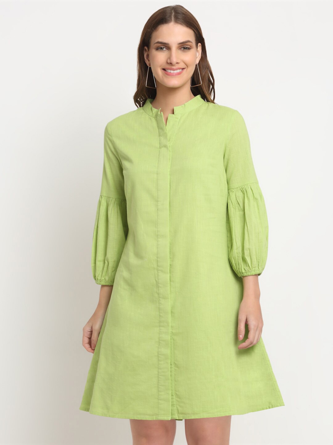

FAABRIQ Mandarin Collar Puff Sleeves Pure Cotton Shirt Dress, Green