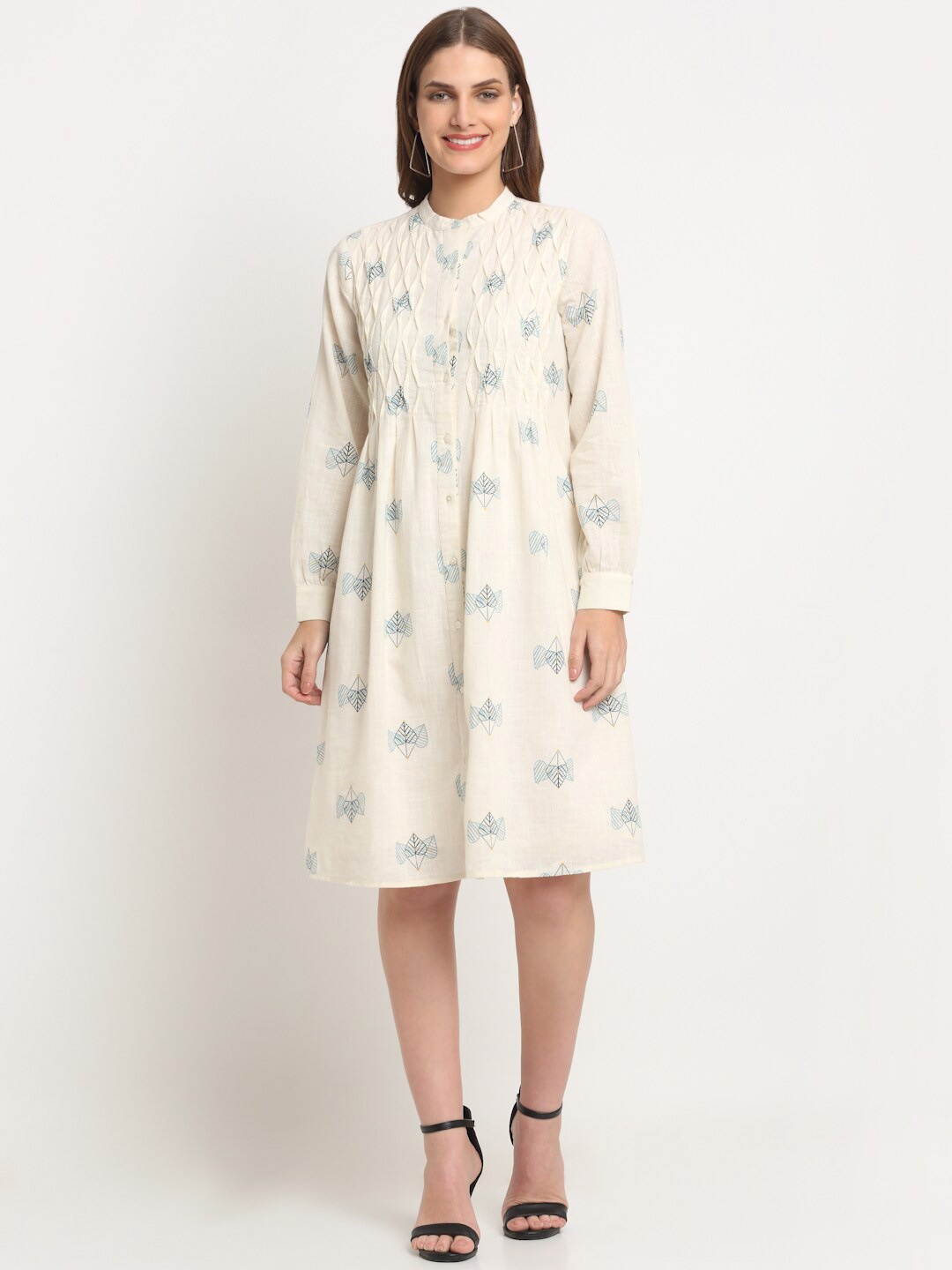 

FAABRIQ Floral Printed Mandarin Collar Cuffed Sleeves Cotton Linen Fit & Flare Dress, Off white