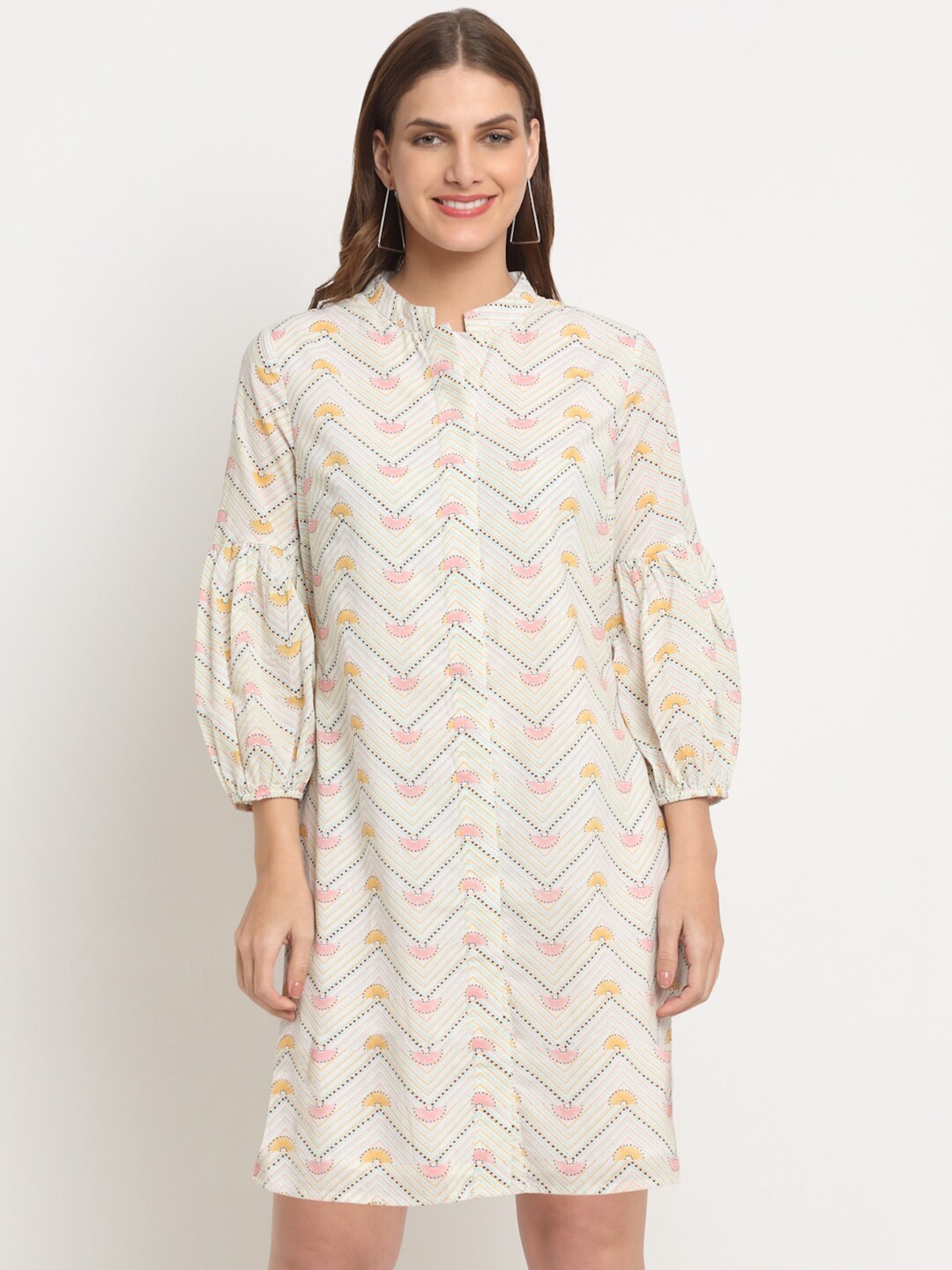 

FAABRIQ Conversational Printed Mandarin Collar Puff Sleeves Pure Cotton Shirt Dress, Off white