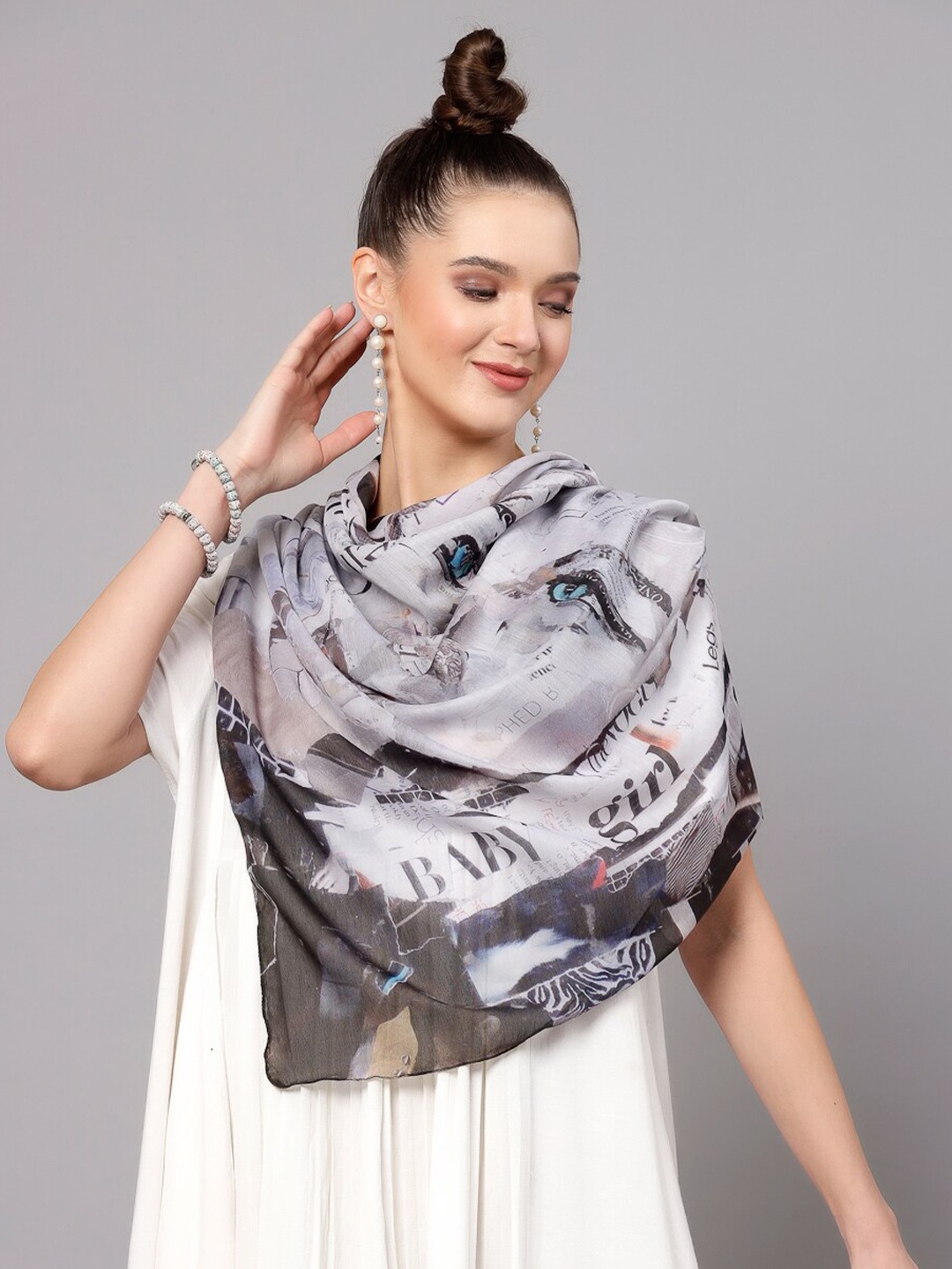 

J Style Graphic Printed Scarf, Grey