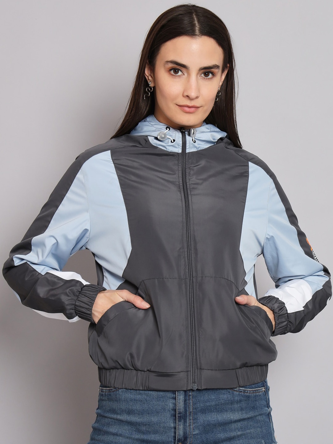 

ANTI CULTURE Colourblocked Hooded Windcheater Running Fleece Bomber Jacket, Grey