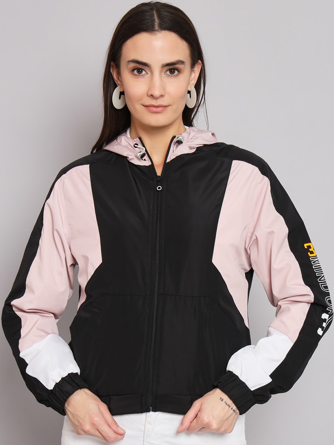 

ANTI CULTURE Colourblocked Hooded Windcheater Running Fleece Bomber Jacket, Black