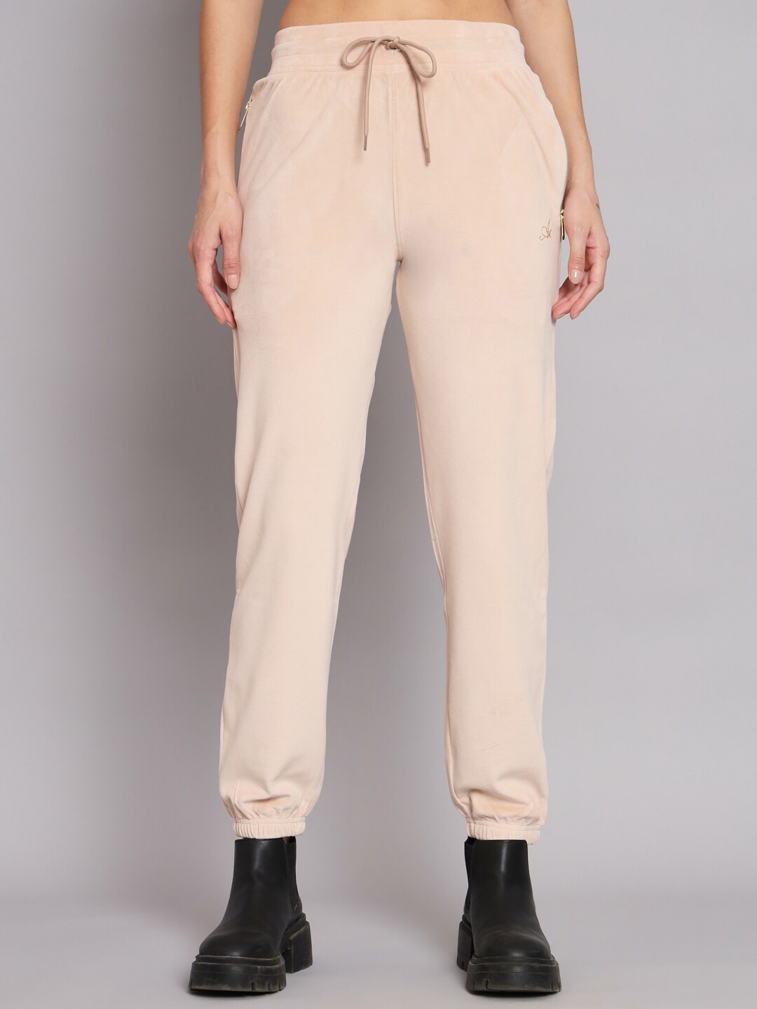 

ANTI CULTURE Brand Logo Detail Velvet Joggers., Nude