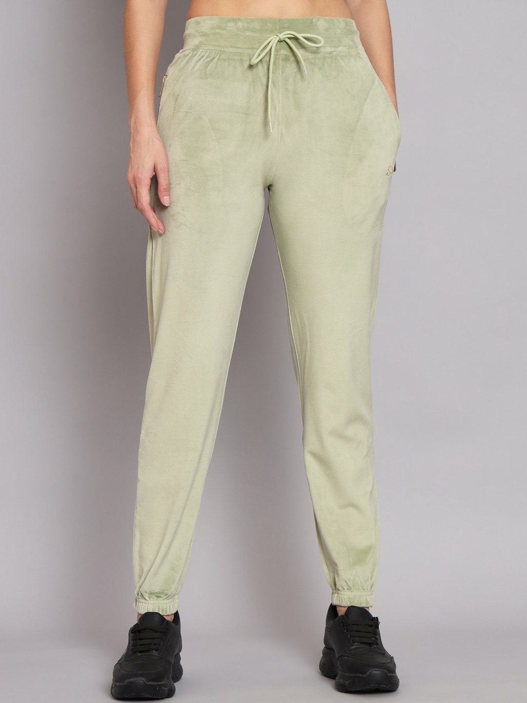 

ANTI CULTURE Women Mid Rise Velvet Joggers, Sea green