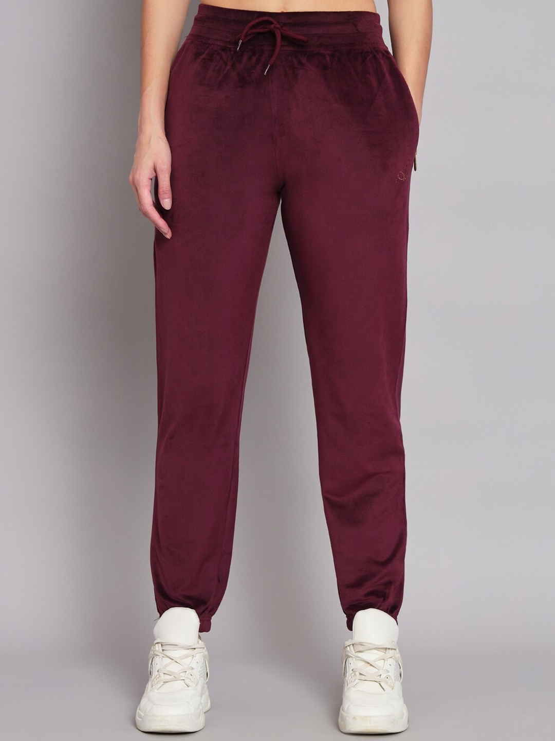 

ANTI CULTURE Women Mid Rise Velvet Joggers, Maroon