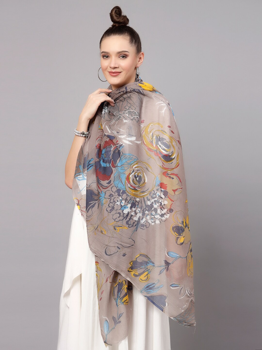 

J Style Women Floral Printed Pure Cotton Stole, Brown