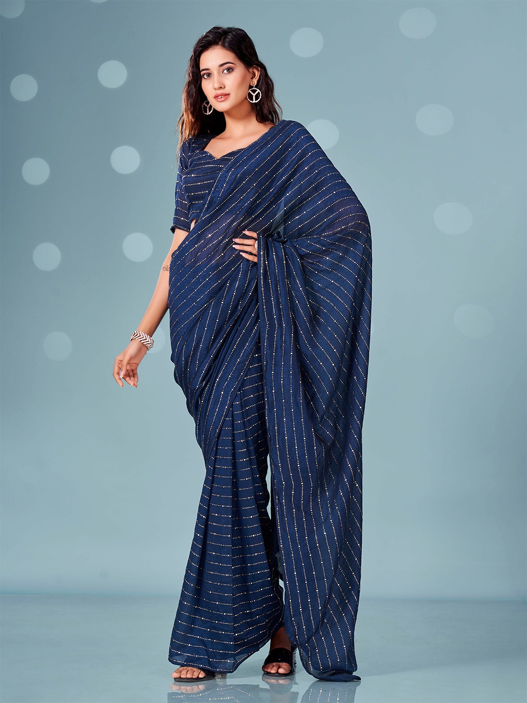 

Tikhi Imli Striped Embellished Mukaish Ready to Wear Saree, Navy blue