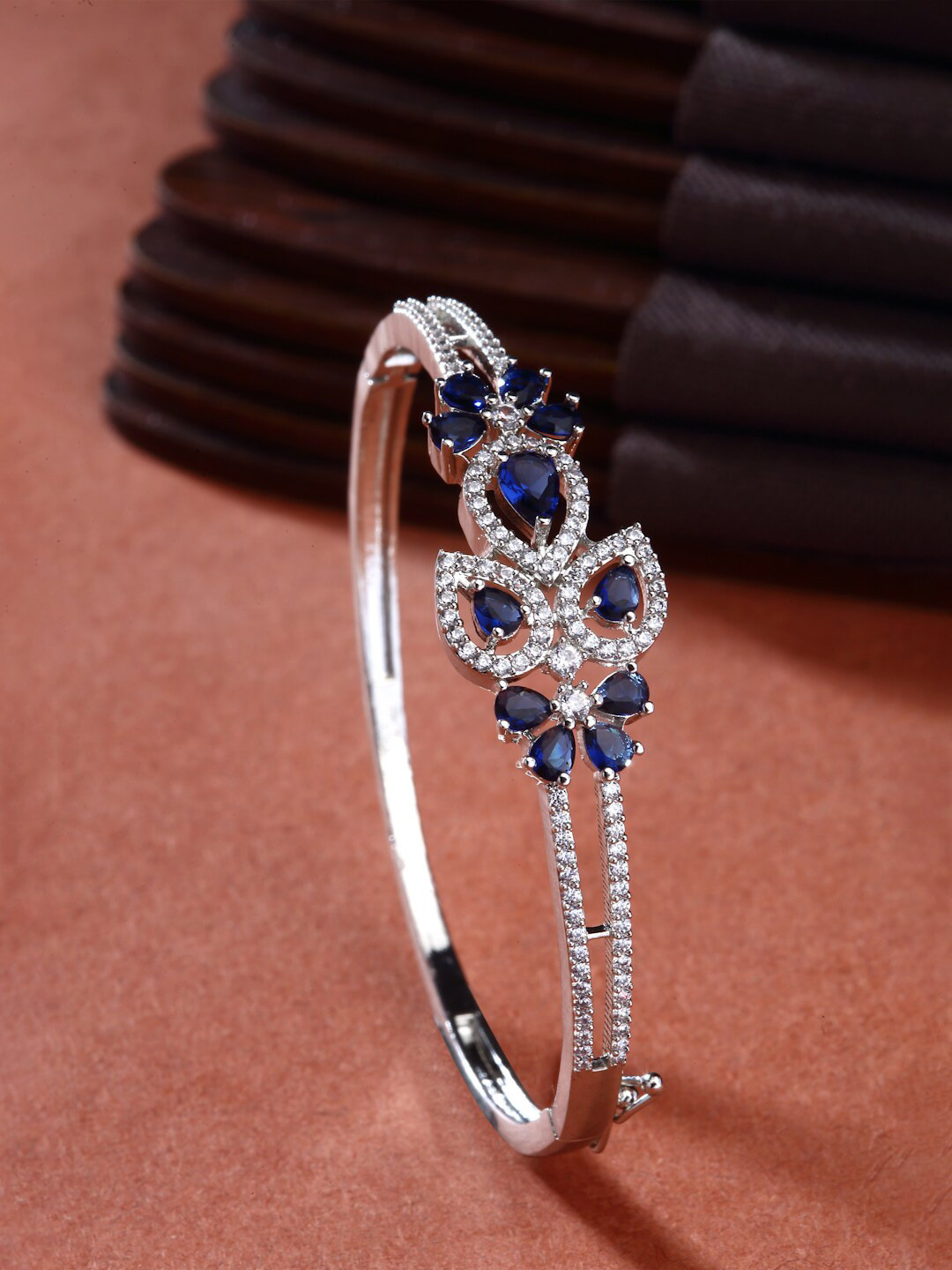 

ZENEME Brass American Diamond Handcrafted Rhodium-Plated Bangle-Style Bracelet, Navy blue