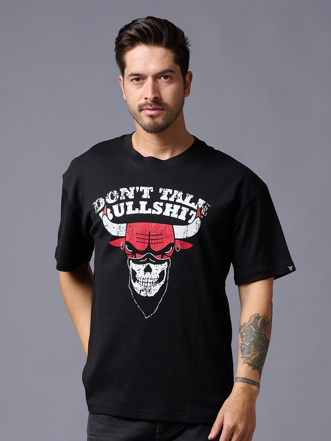 

GO DEVIL Typography Printed Oversized Pure Cotton T-shirt, Black