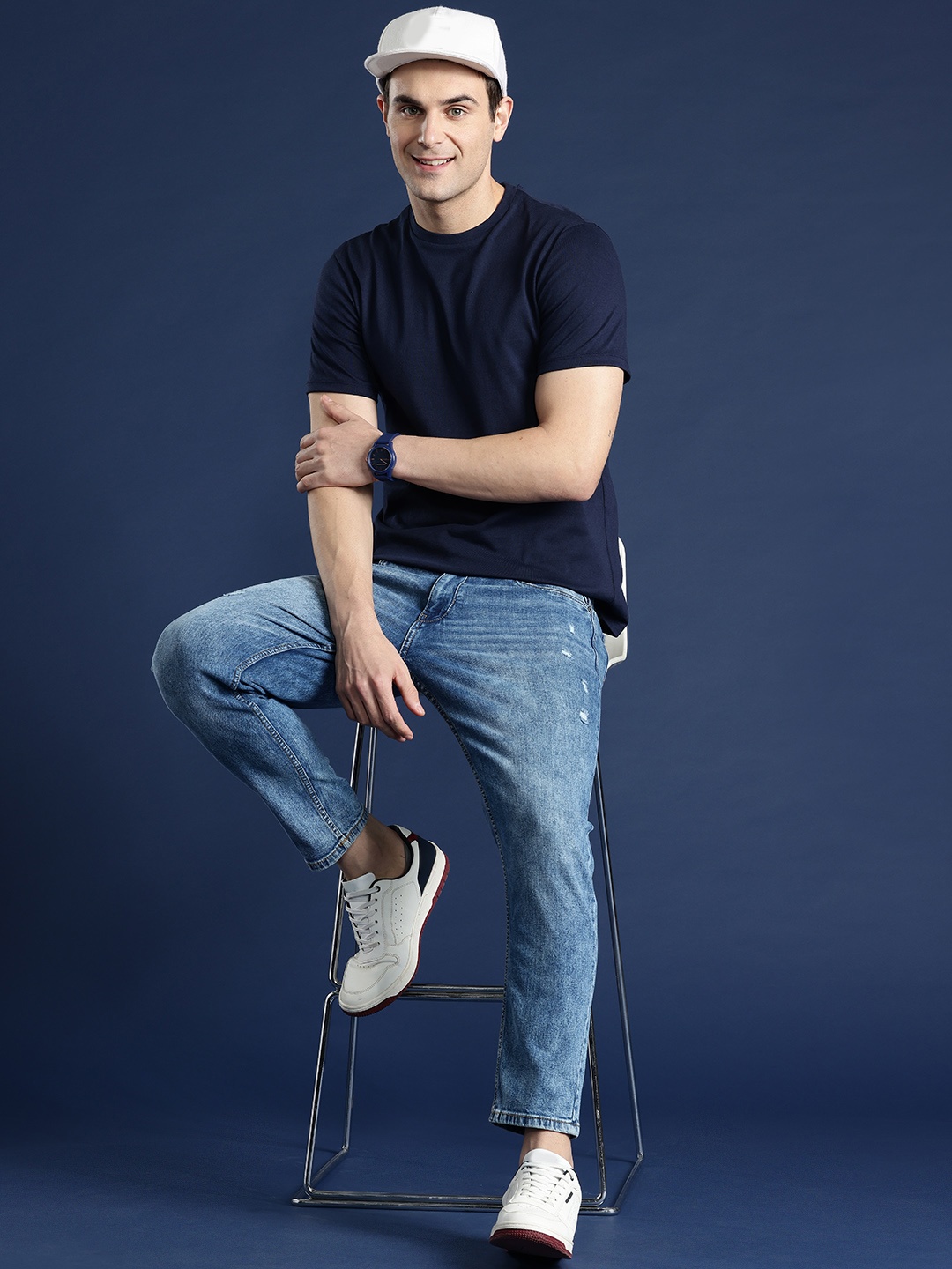 

Mast & Harbour Men Slim Tapered Fit Low Distress Light Fade Stretchable Jeans, Blue