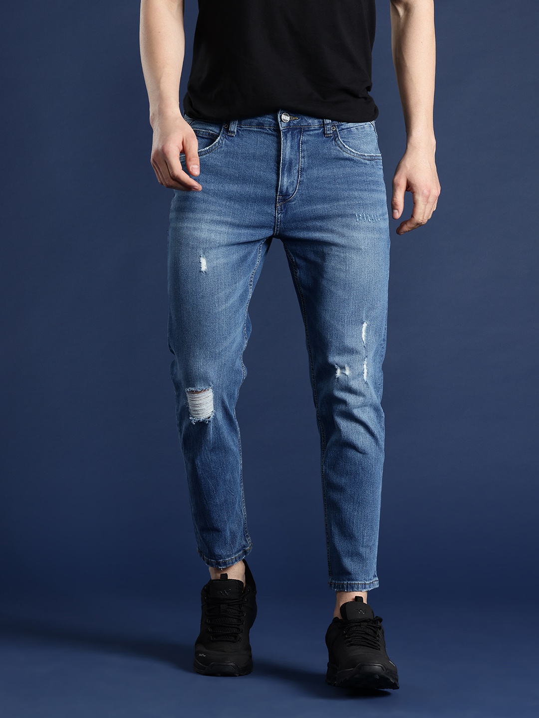 

Mast & Harbour Men Slim Tapered Fit Mildly Distressed Light Fade Stretchable Jeans, Blue