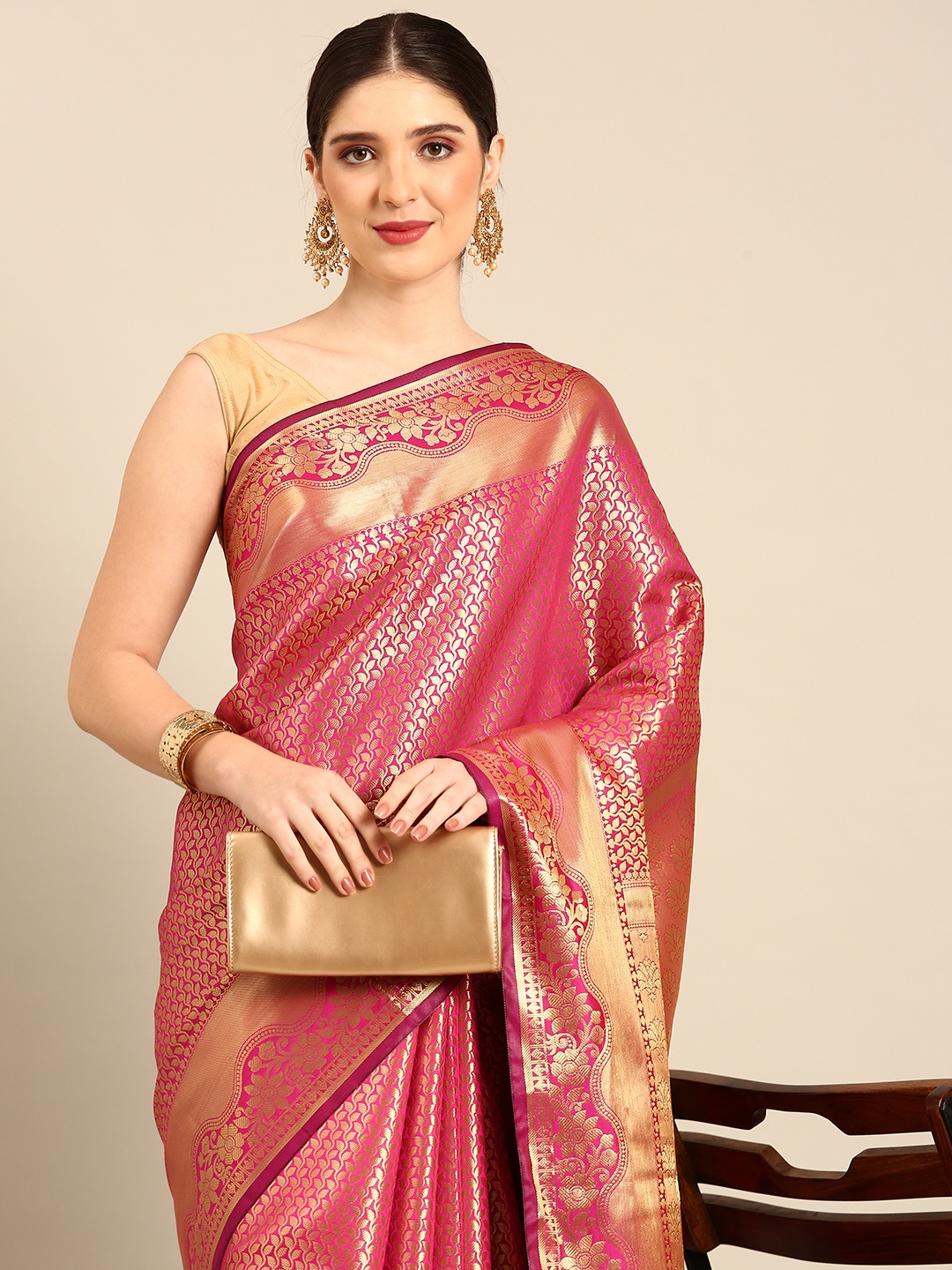 

Rupeshwari Woven Design Zari Handloom Banarasi Saree, Pink