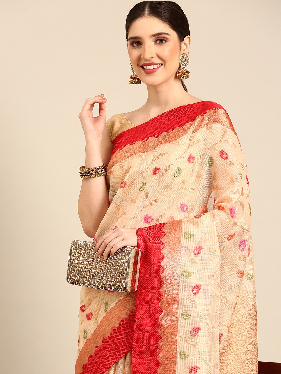 

Rupeshwari Woven Design Zari Handloom Banarasi Saree, Cream