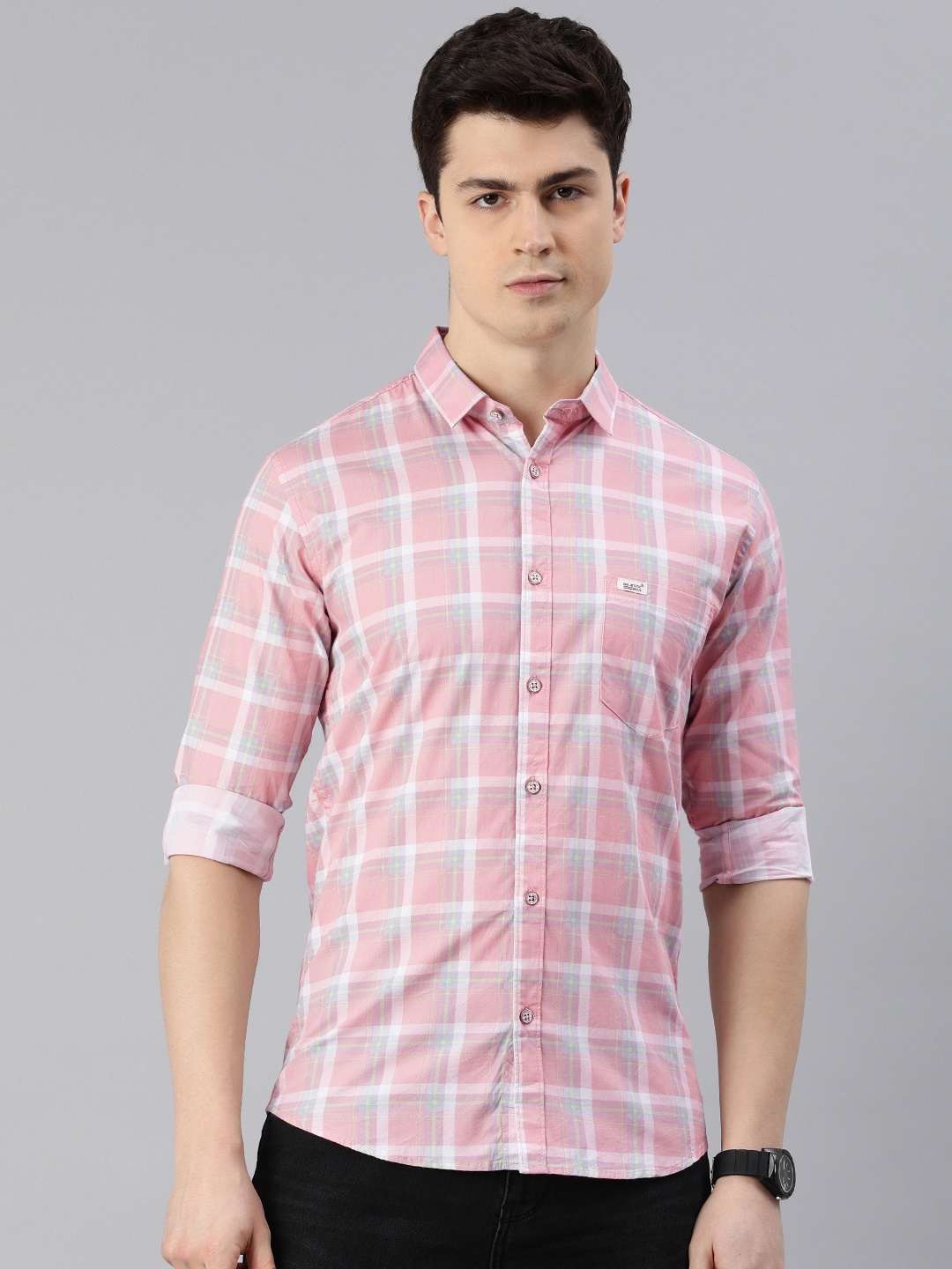 

Majestic Man Men Comfort Slim Fit Tartan Checks Opaque Casual Shirt, Pink