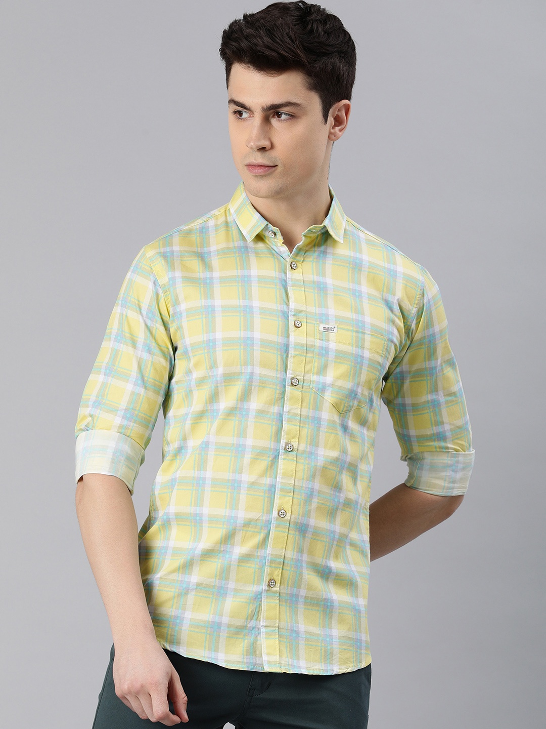 

Majestic Man Men Comfort Slim Fit Tartan Checked Pure Cotton Casual Shirt, Yellow