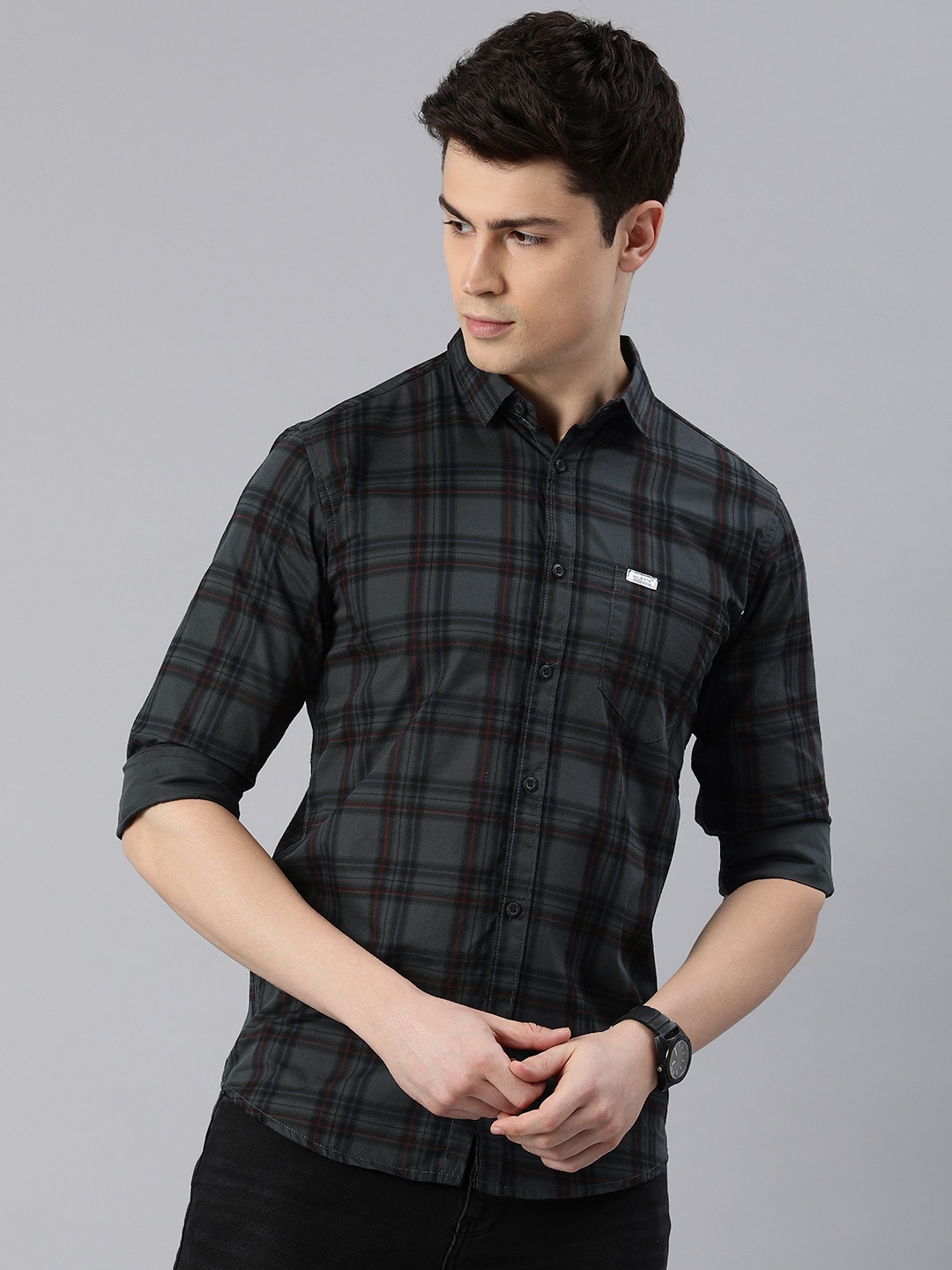 

Majestic Man Men Comfort Slim Fit Tartan Checks Opaque Casual Shirt, Grey