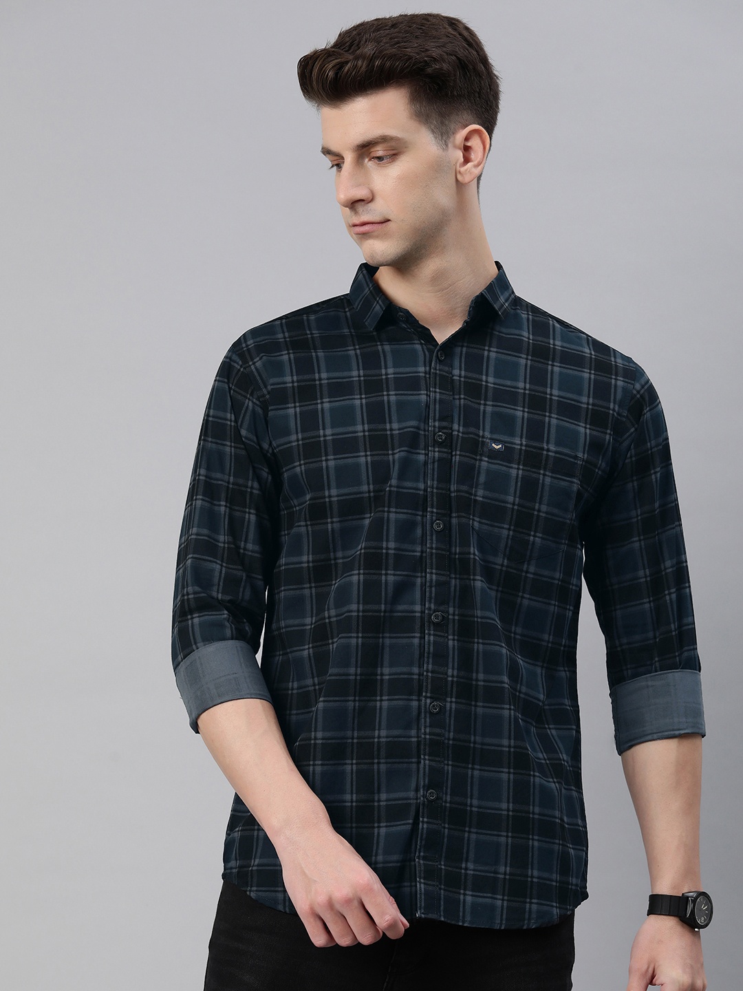 

Majestic Man Men Comfort Slim Fit Tartan Checked Pure Cotton Casual Shirt, Teal