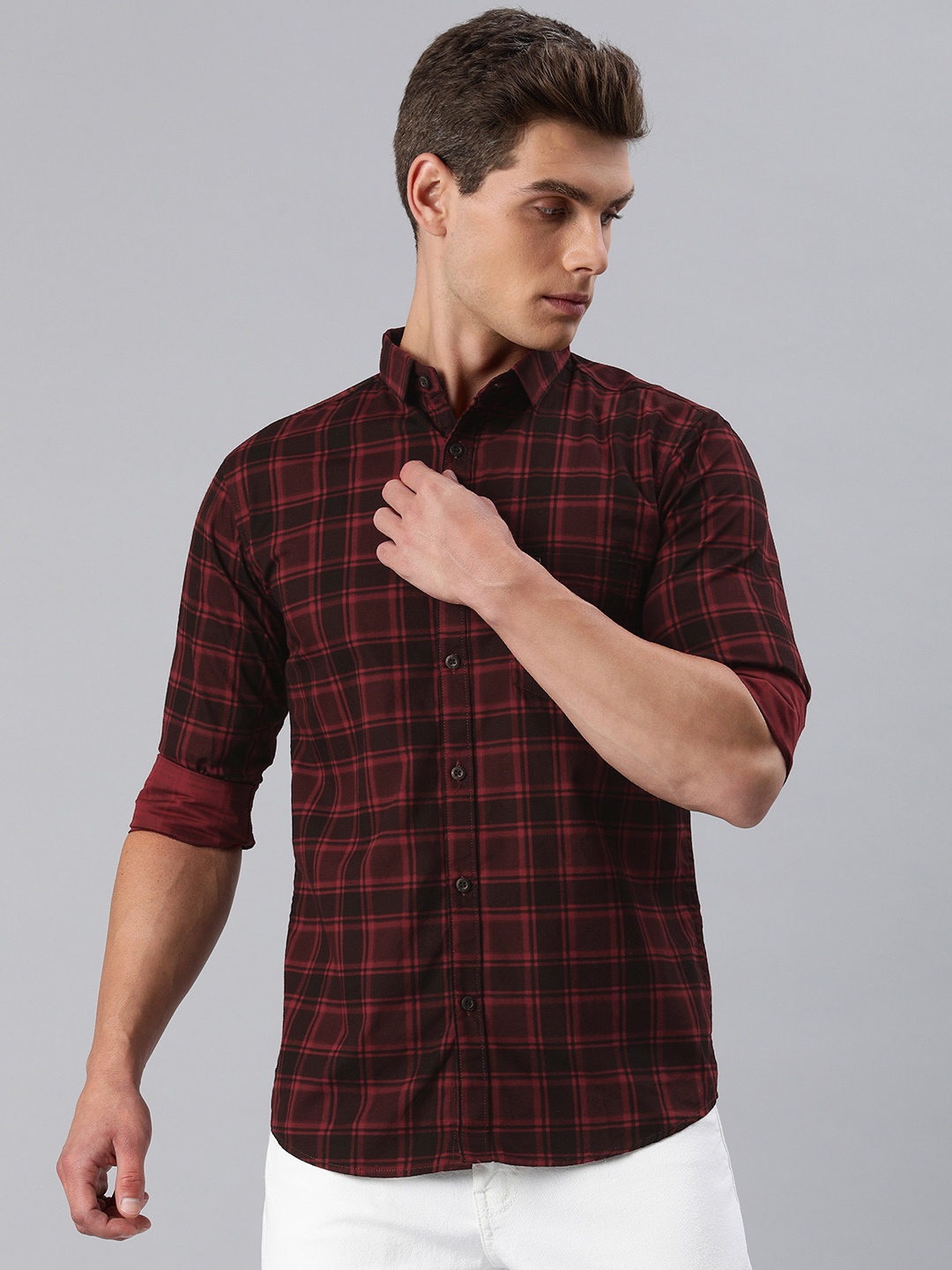 

Majestic Man Men Comfort Slim Fit Tartan Checked Pure Cotton Casual Shirt, Maroon