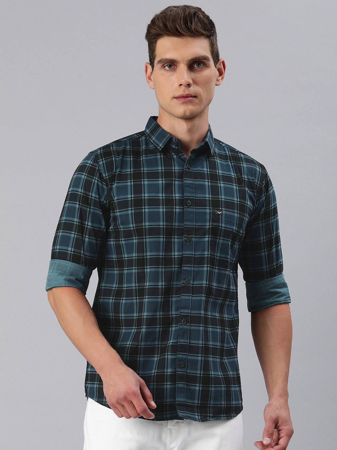 

Majestic Man Men Comfort Slim Fit Tartan Checked Pure Cotton Casual Shirt, Blue