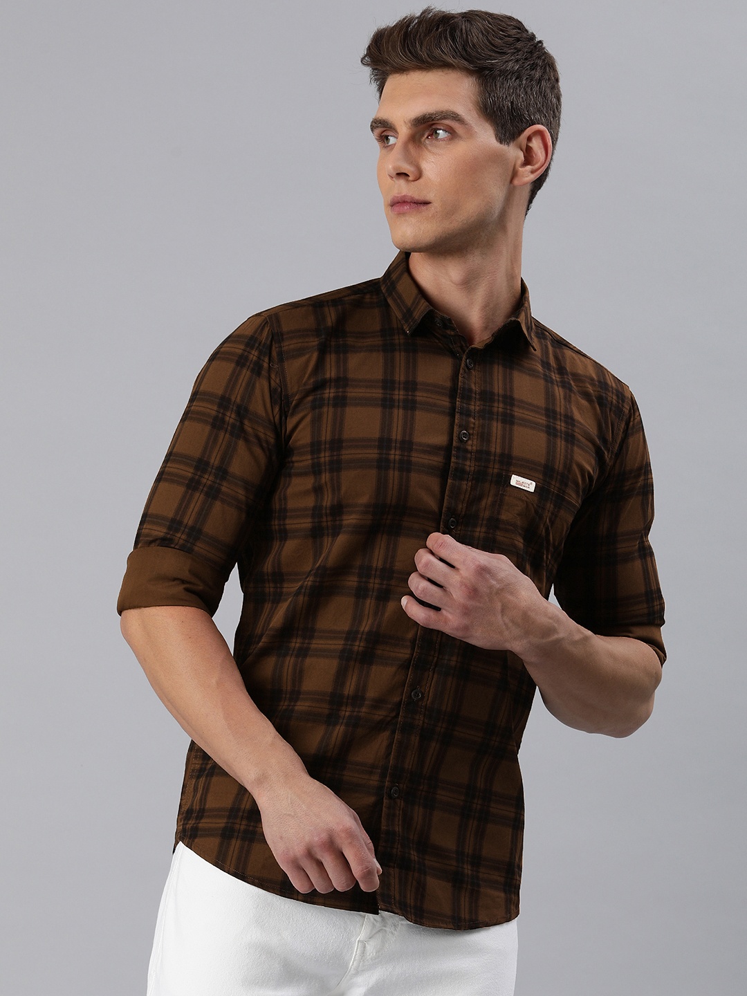 

Majestic Man Men Comfort Slim Fit Tartan Checked Pure Cotton Casual Shirt, Brown