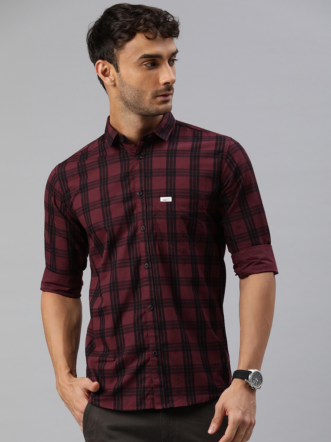 

Majestic Man Men Comfort Slim Fit Tartan Checked Cotton Casual Shirt, Maroon