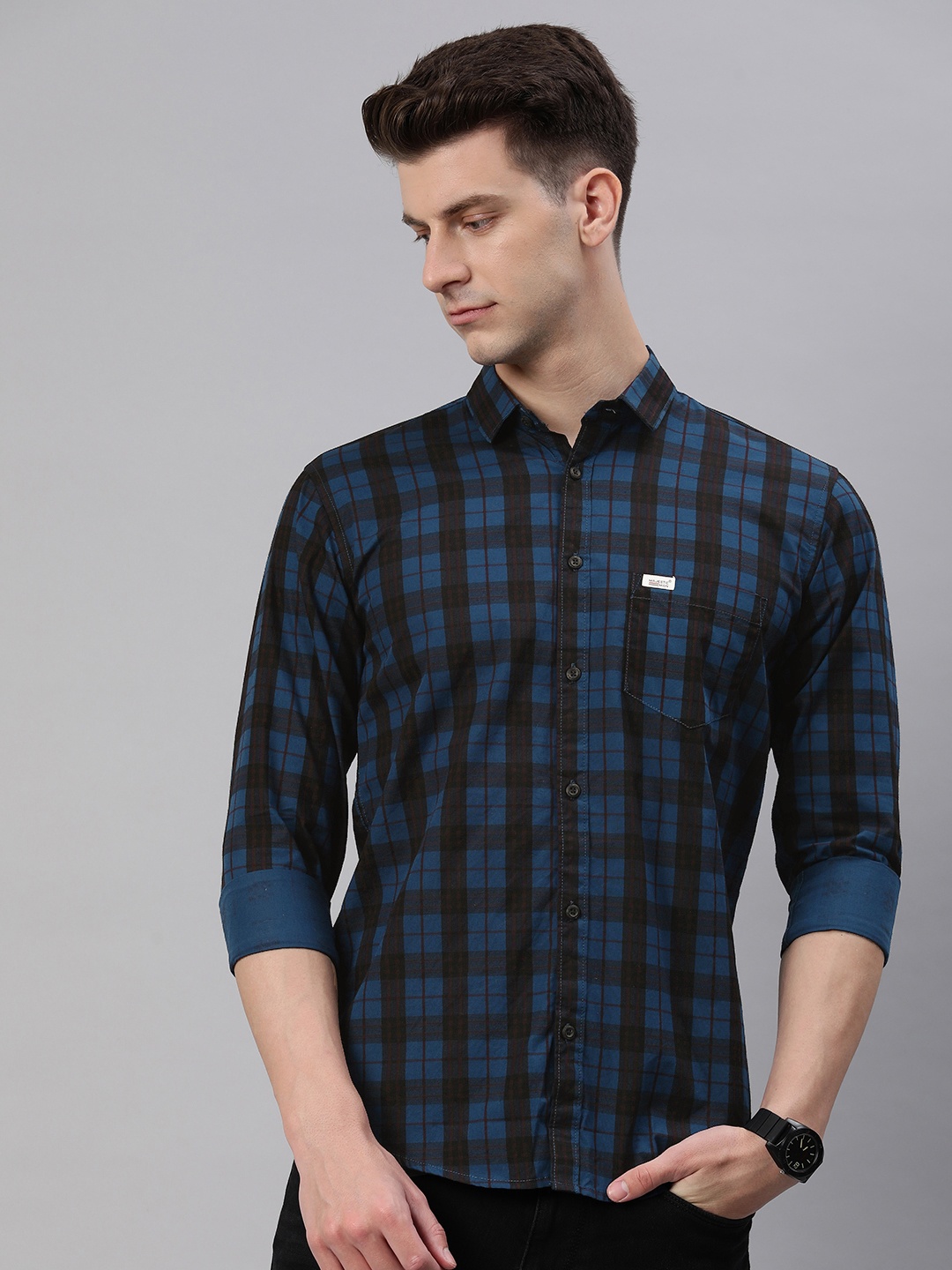 

Majestic Man Men Comfort Slim Fit Tartan Checked Pure Cotton Casual Shirt, Blue