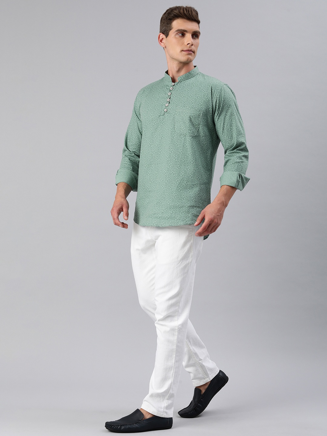 

Majestic Man Men Printed Slim Fit Pure Cotton Short Kurta, Green