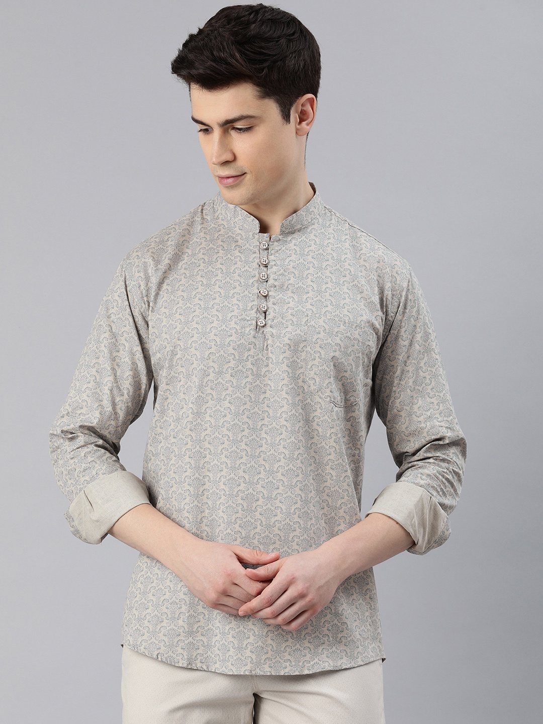 

Majestic Man Men Printed Slim Fit Pure Cotton Short Kurta, Beige