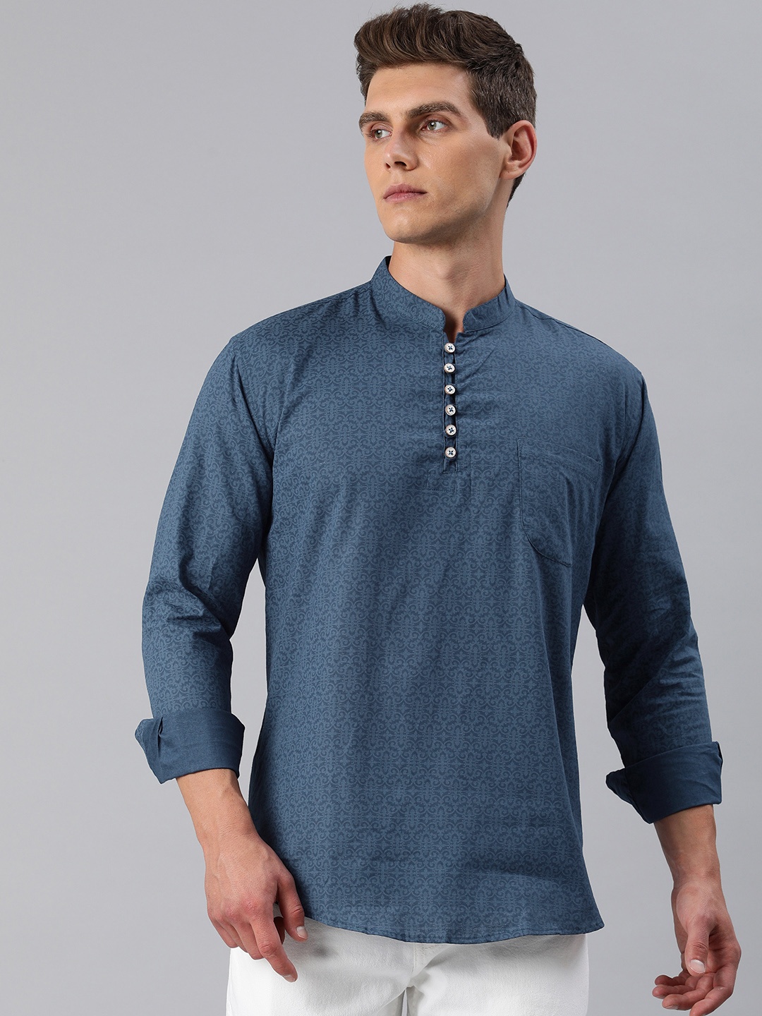 

Majestic Man Men Printed Slim Fit Pure Cotton Short Kurta, Blue