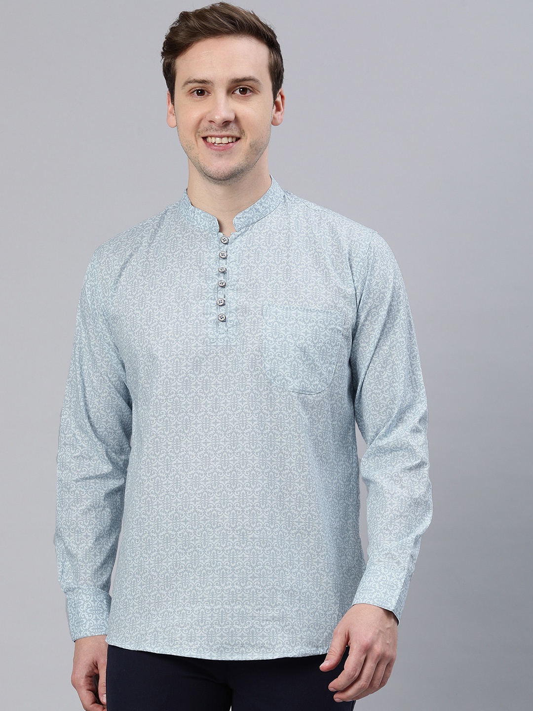 

Majestic Man Pure Cotton Slim Fit Ethnic Motifs Printed Kurta, Blue