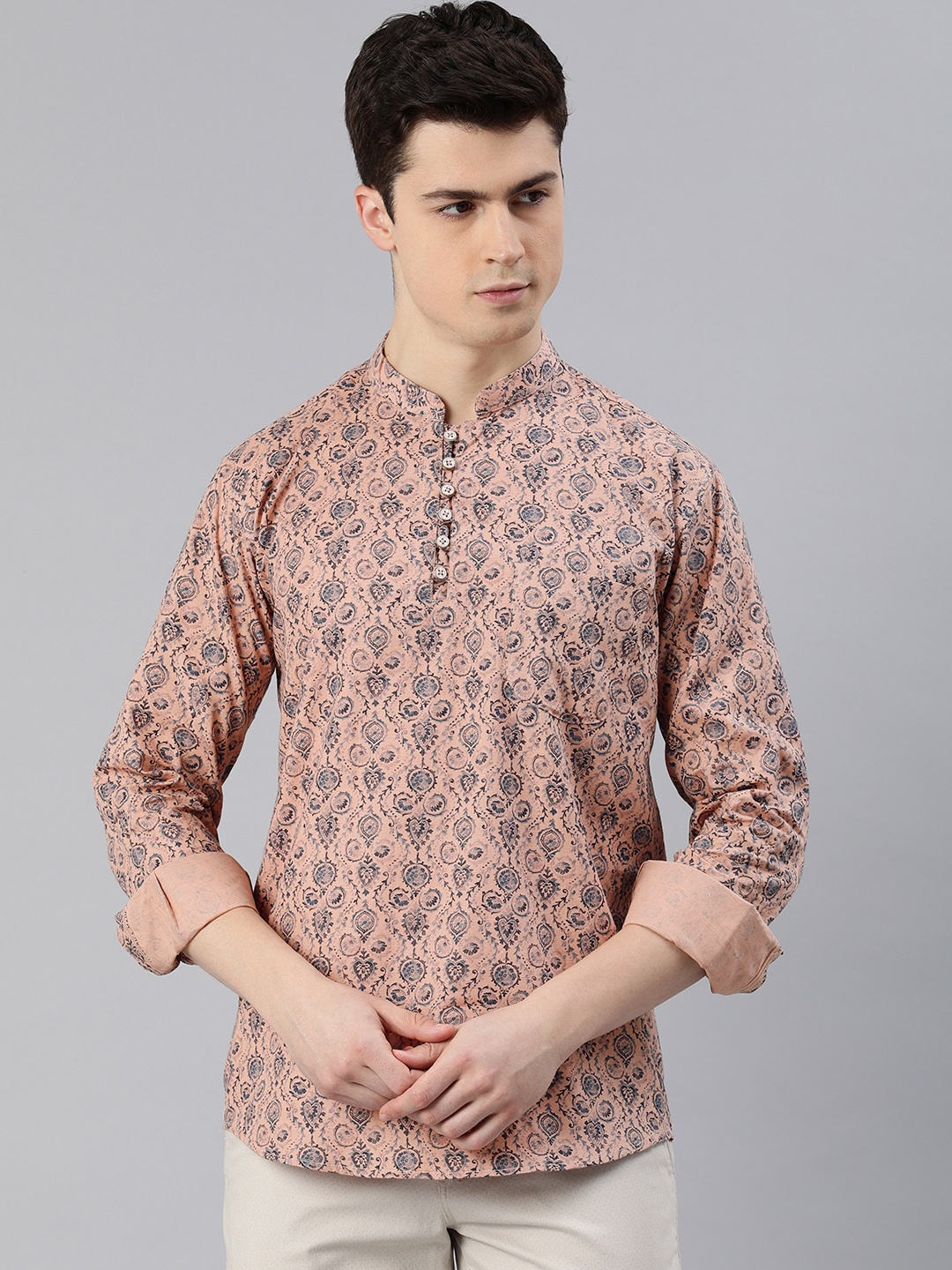 

Majestic Man Men Printed Slim Fit Pure Cotton Short Kurta, Peach