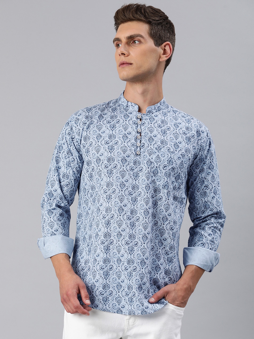 

Majestic Man Men Printed Slim Fit Pure Cotton Short Kurta, Blue