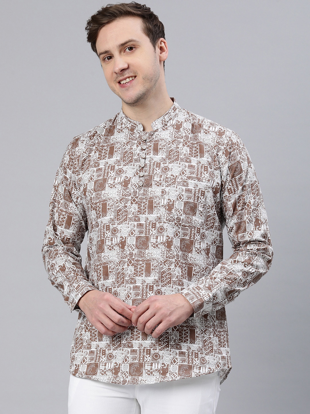 

Majestic Man Pure Cotton Slim Fit Ethnic Motifs Printed Kurta, Brown