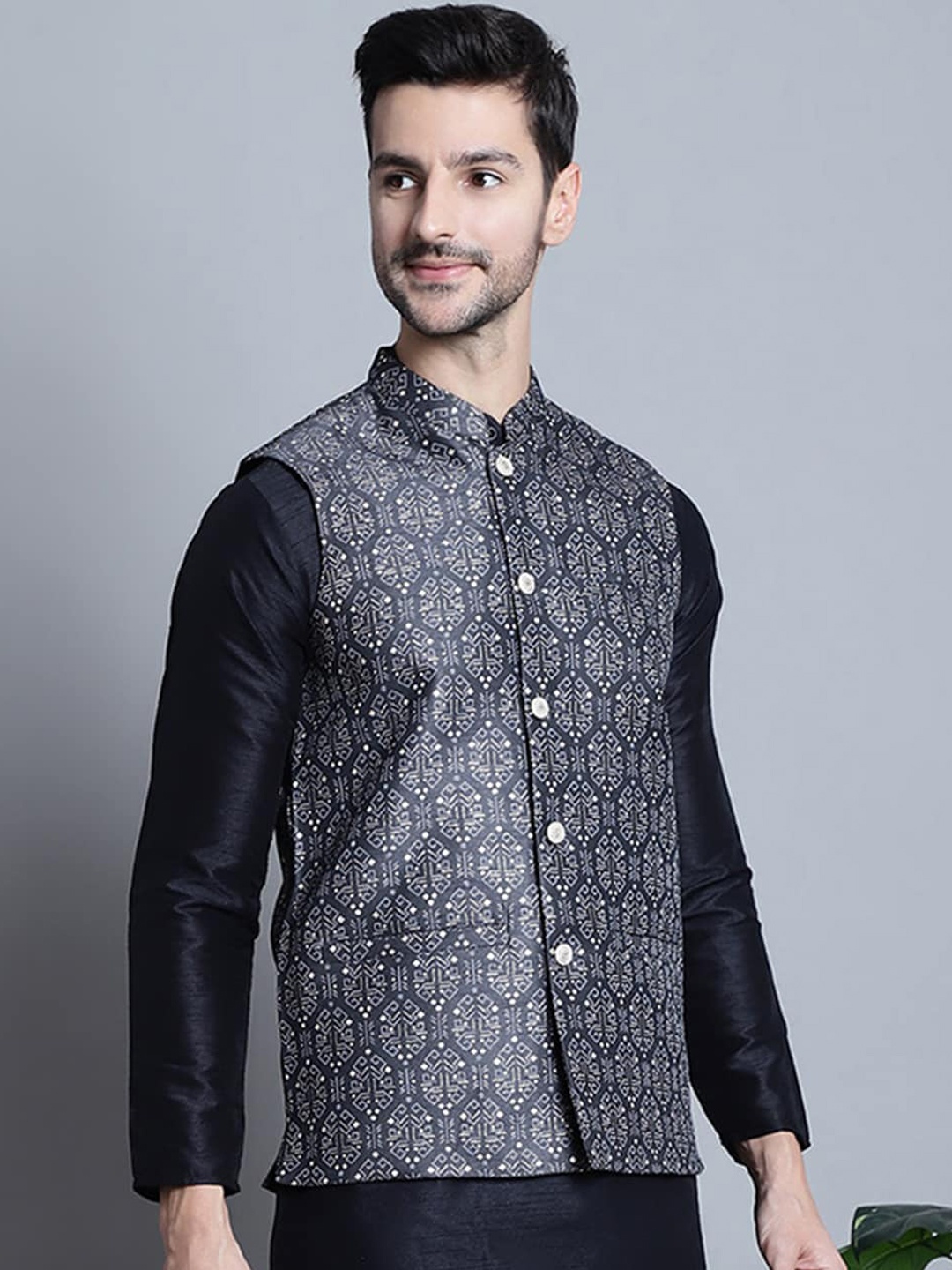

Jompers Printed Nehru Jacket, Charcoal