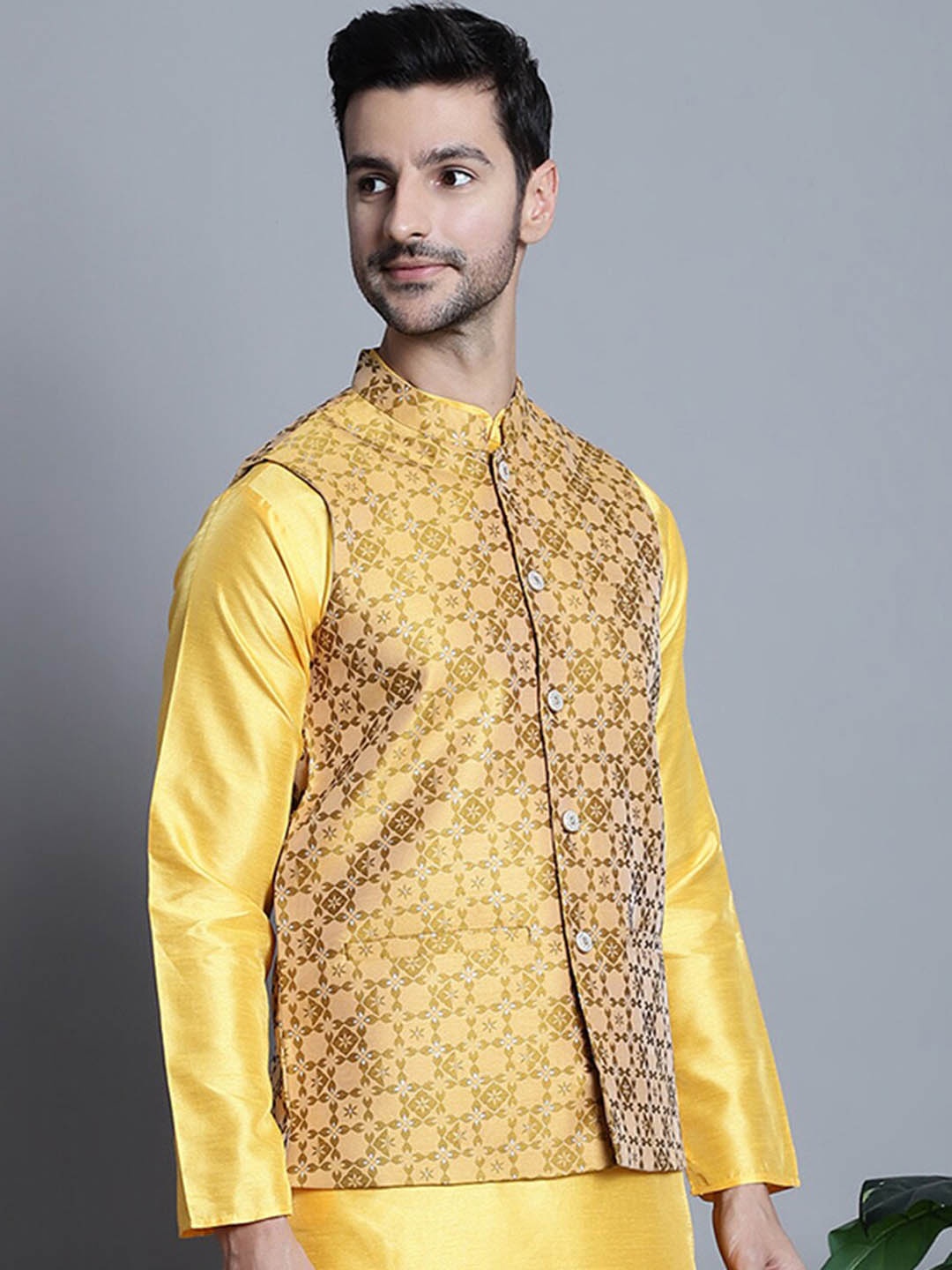 

Jompers Woven Design Cotton Silk Nehru Jacket, Mustard