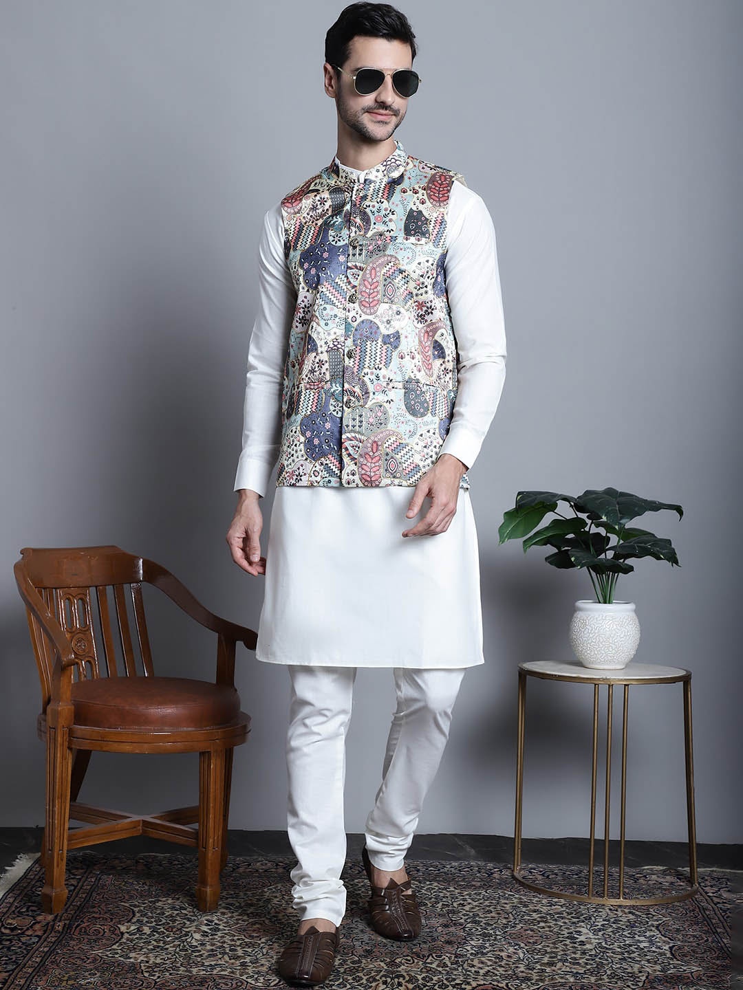 

Jompers Printed Zari Cotton Silk Nehru Jacket, Blue